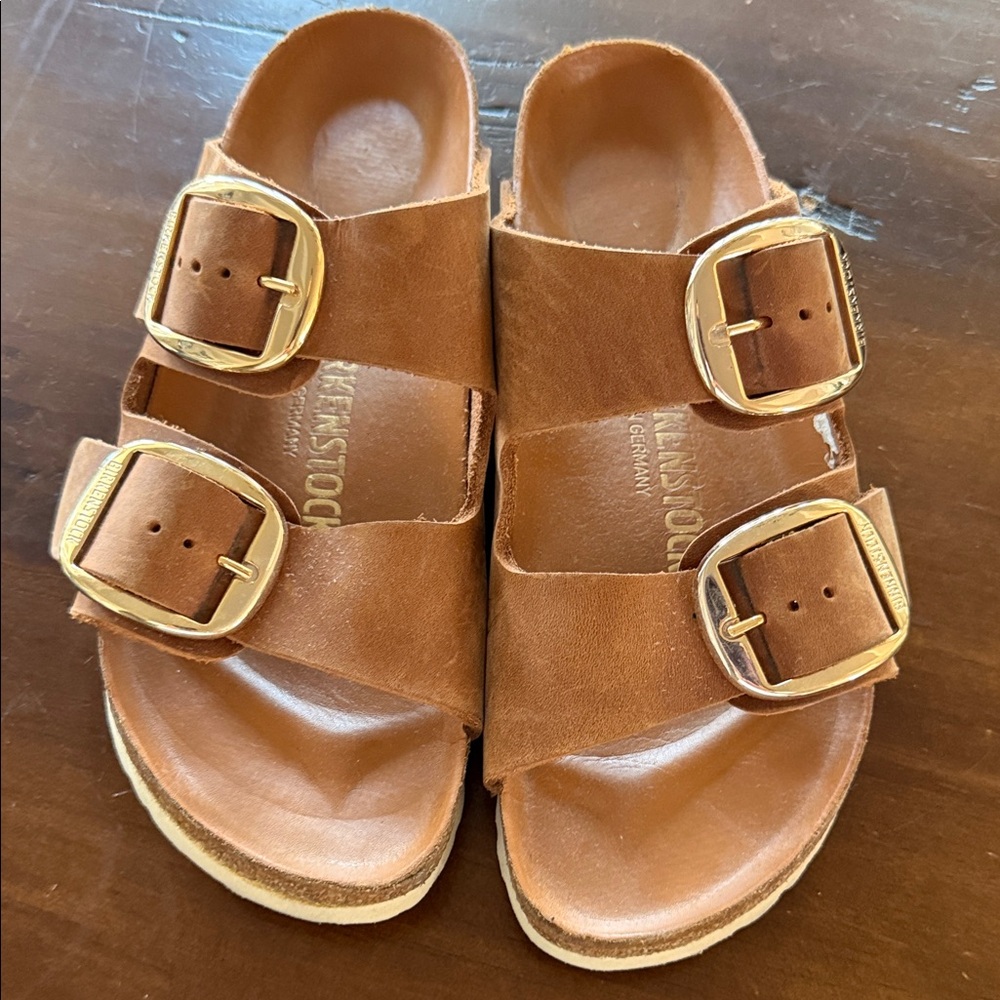 Birkenstock Kids Cognac Brown Double-Strap Sandals with Gold Buckles